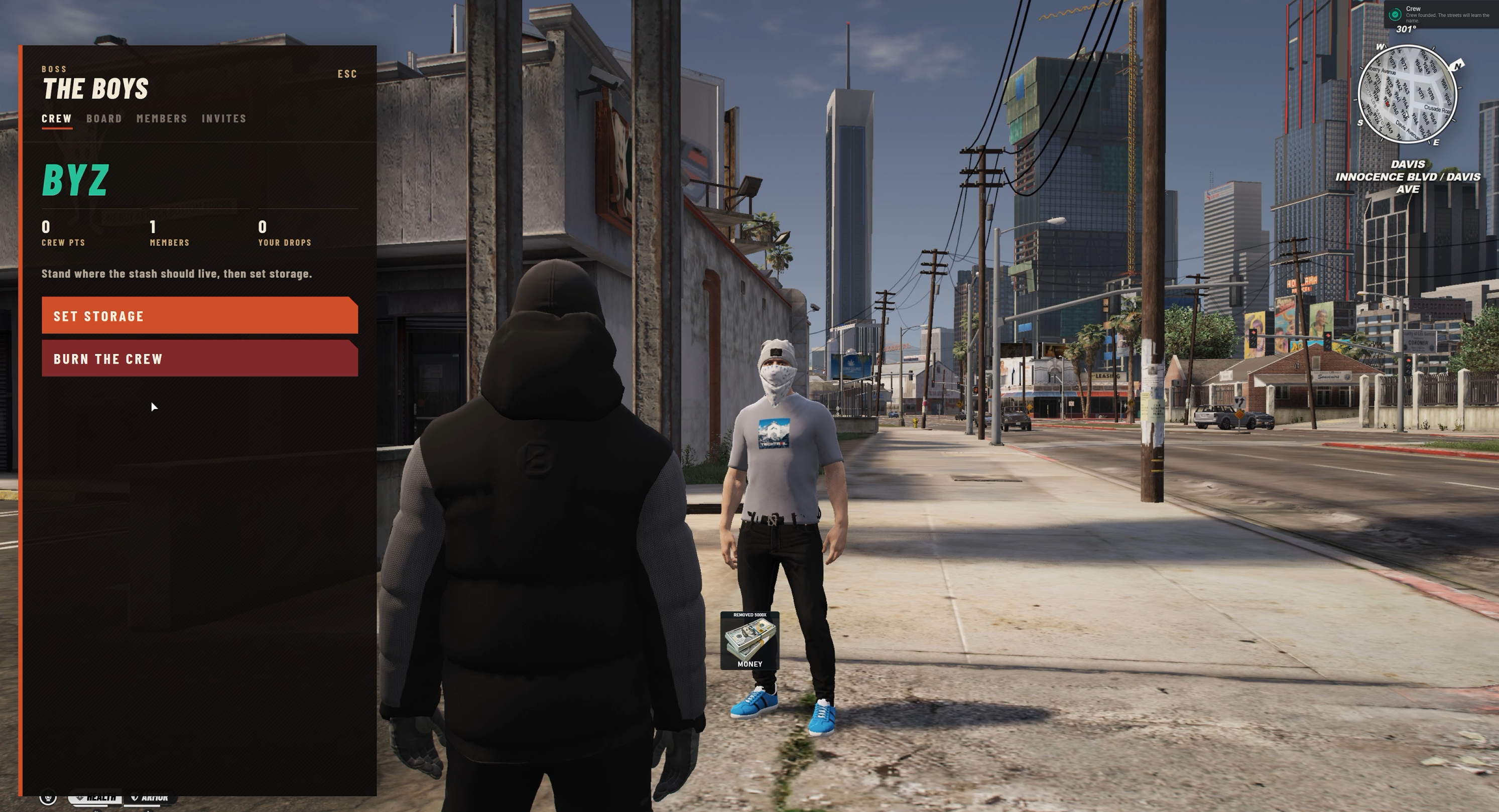FiveM gang leader menu with gang points, members, storage controls, and crew management